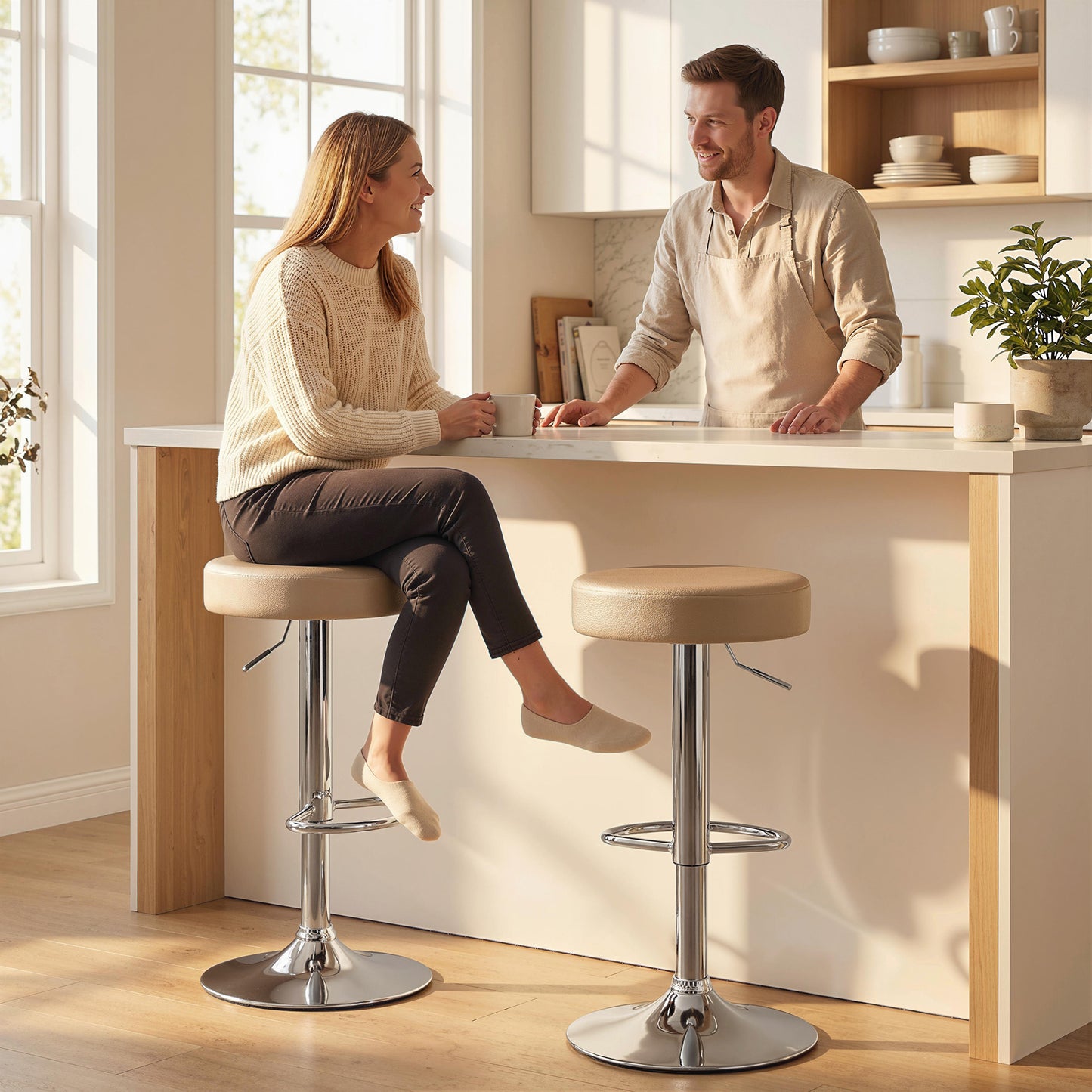 Bar Stools Set of 2, Modern PU Leather Swivel Barstools, Height Adjustable Breakfast Bar Chairs with Footrest, Brown