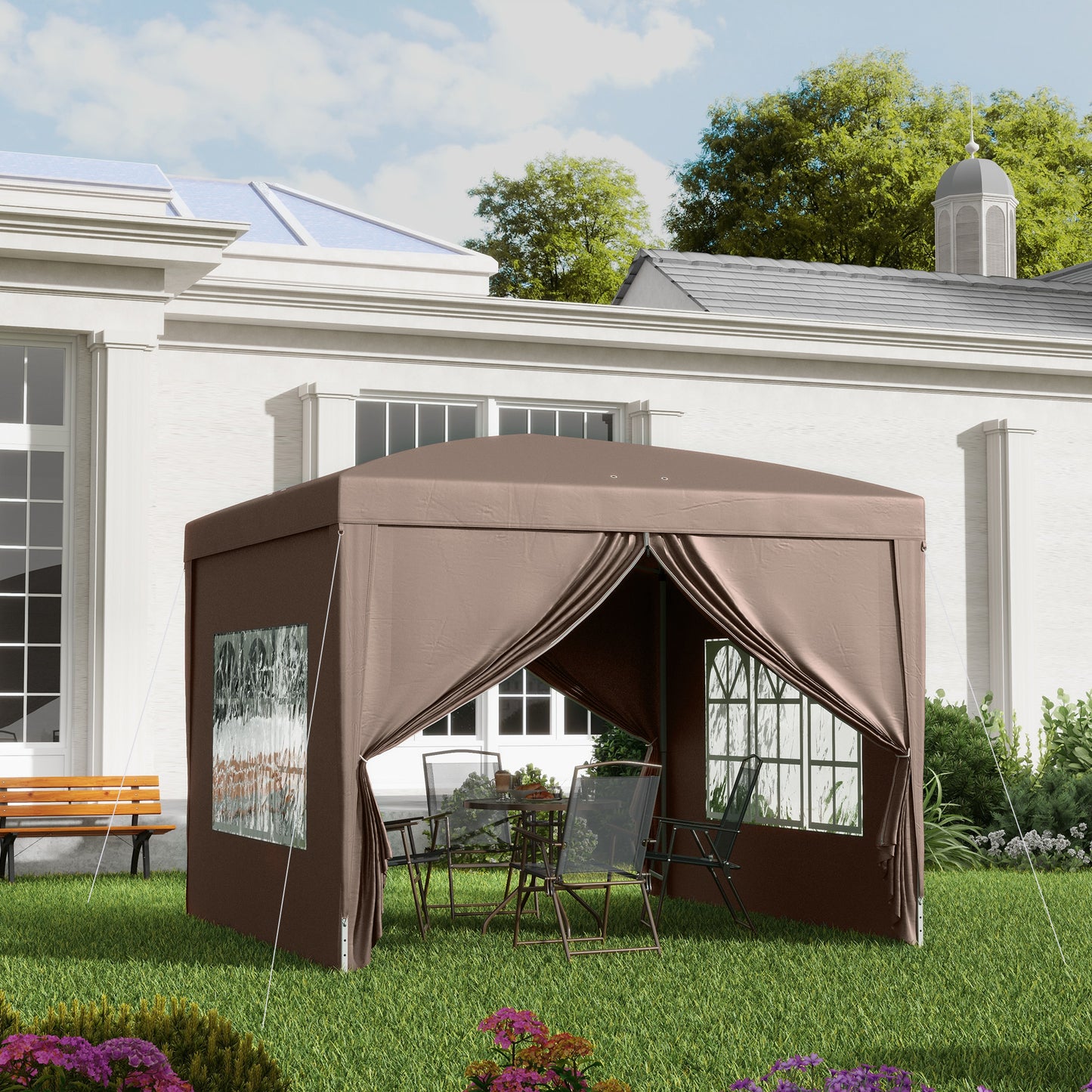 3x3(m) Pop-Up Gazebo, with Curtain Walls and Windows, Coffee