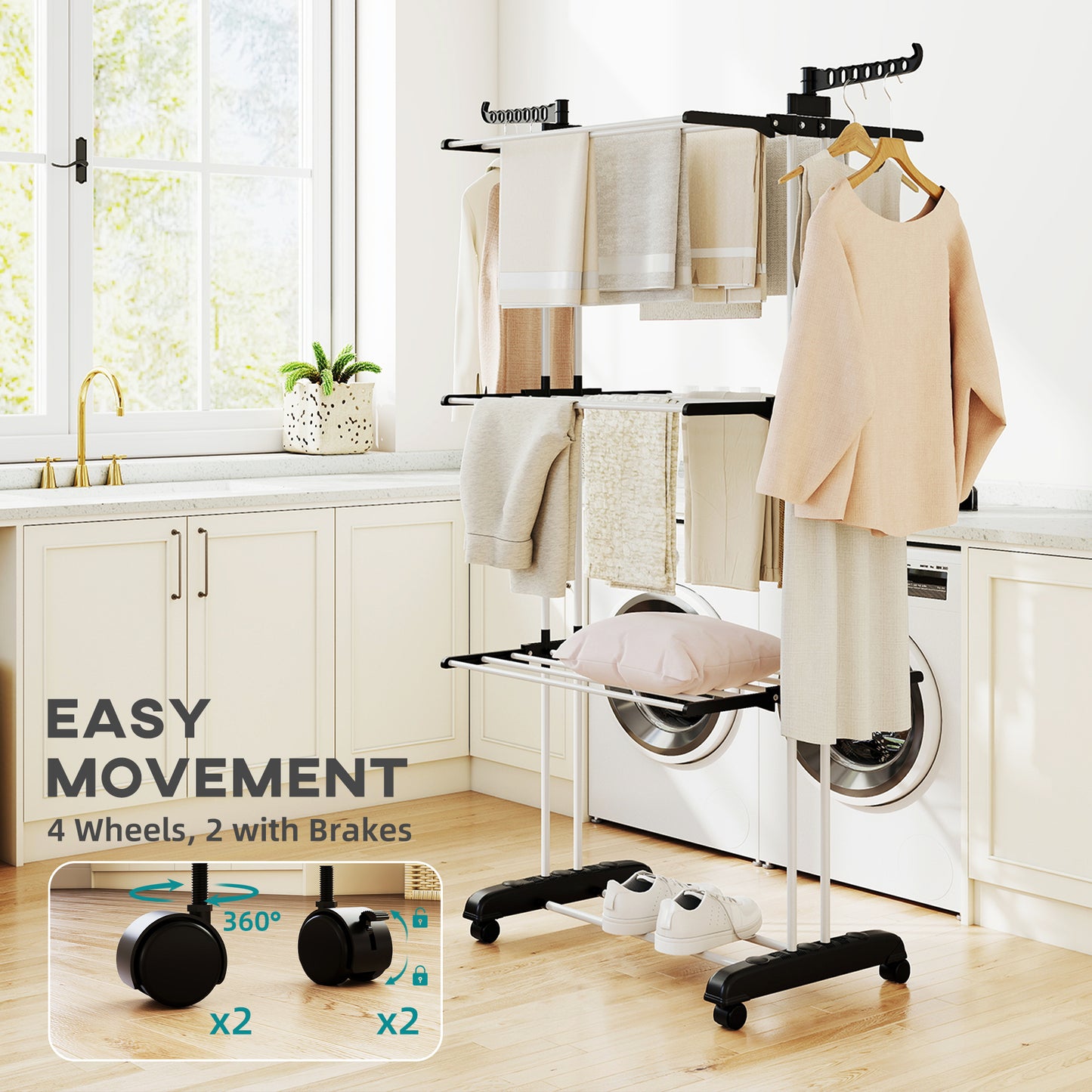 Foldable Clothes Drying Rack, 4-Tier Steel Garment Laundry Rack with Castors for Indoor and Outdoor Use, Black