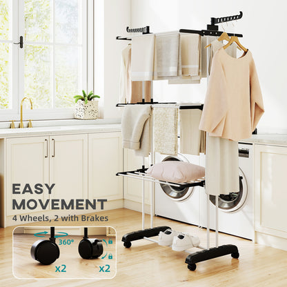 Foldable Clothes Drying Rack, 4-Tier Steel Garment Laundry Rack with Castors for Indoor and Outdoor Use, Black