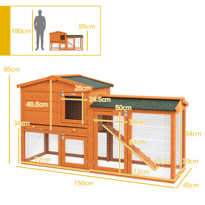 Two-Tier Rabbit Hutch with Run, Ramp, Slide-Out Tray, for Garden - Orange