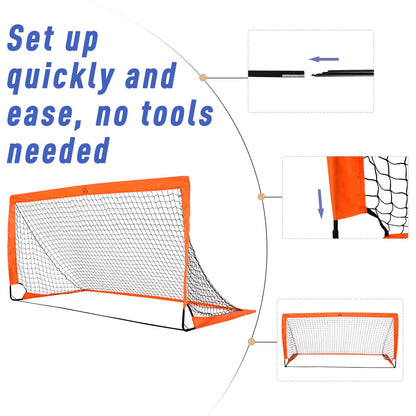 Set of 2 Football Goal Net 6 x 3 ft Foldable Outdoor Sport Training Teens Adults Football with Carrying Bag Orange