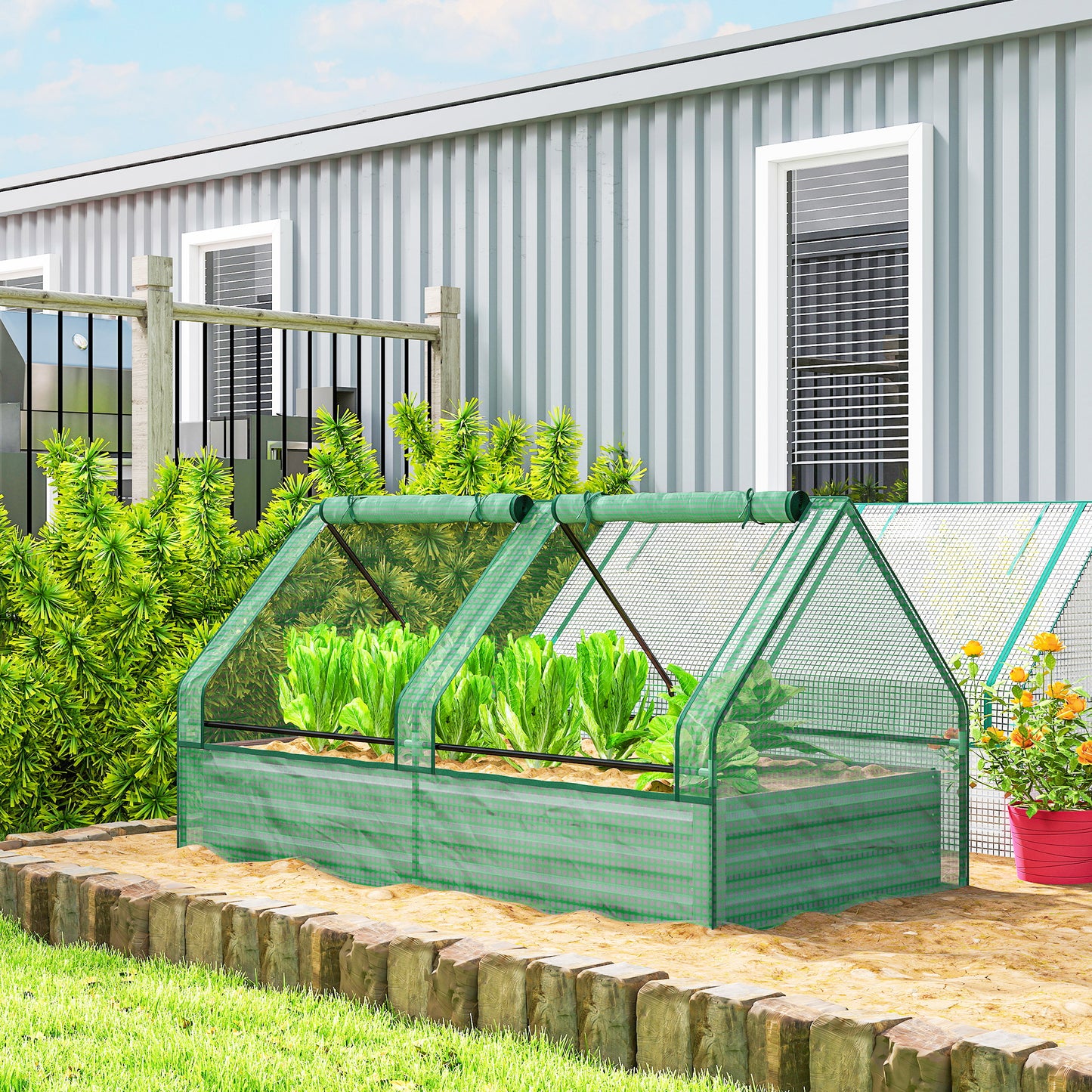 Metal Planter Box with Cover, Raised Garden Bed with Greenhouse, for Herbs and Vegetables, Green and Dark Grey