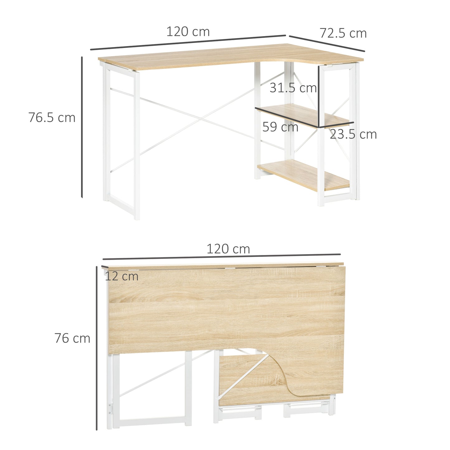 Folding Desk, L Shaped Desk, Corner Computer Desk with 2-Tier Storage Shelf for Home Office, Study Room, Workstation