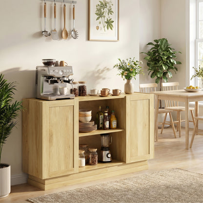 Sideboard Buffet Cabinet, 133 cm Storage Cabinet with 2 Open Shelves, 2 Cupboards and Soft Close Doors, Natural