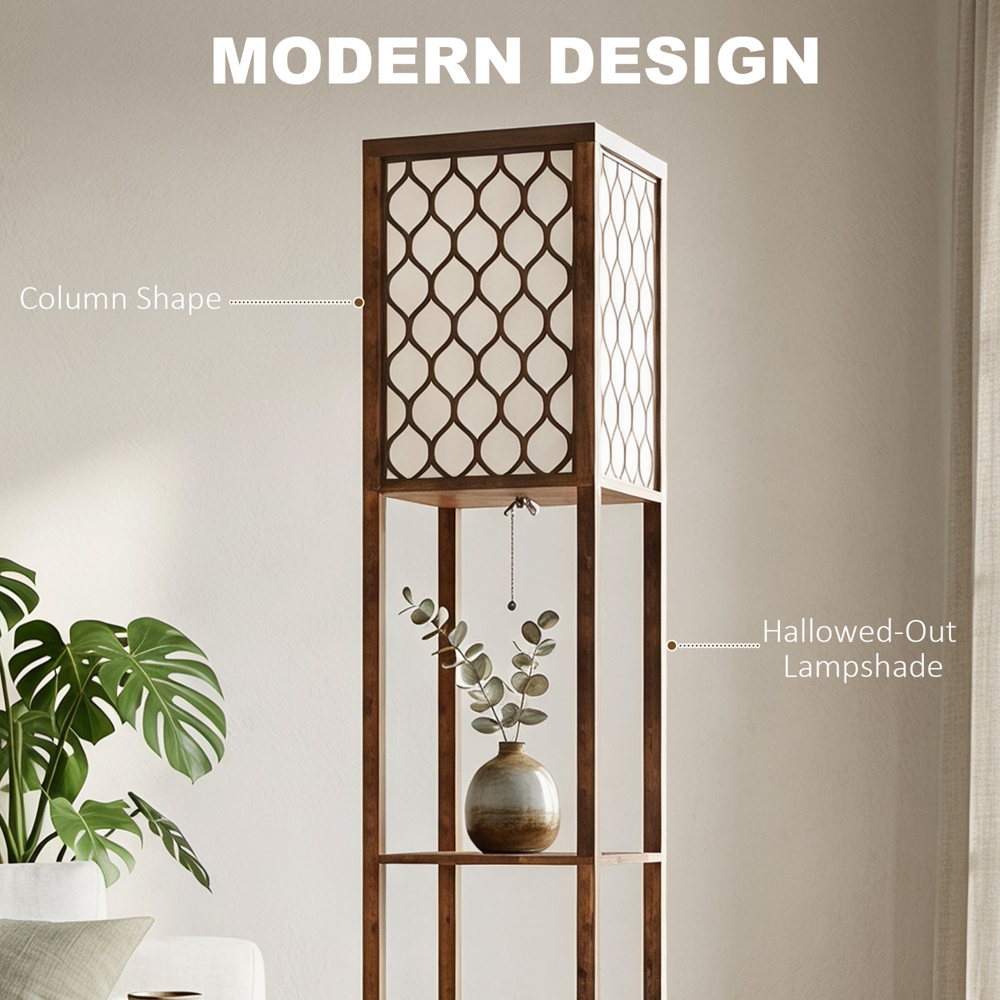 Floor Lamp with Shelves, Modern Tall Standing Lamp with Fabric Lampshades, Zipper Switch and Dual Light, Rustic Brown