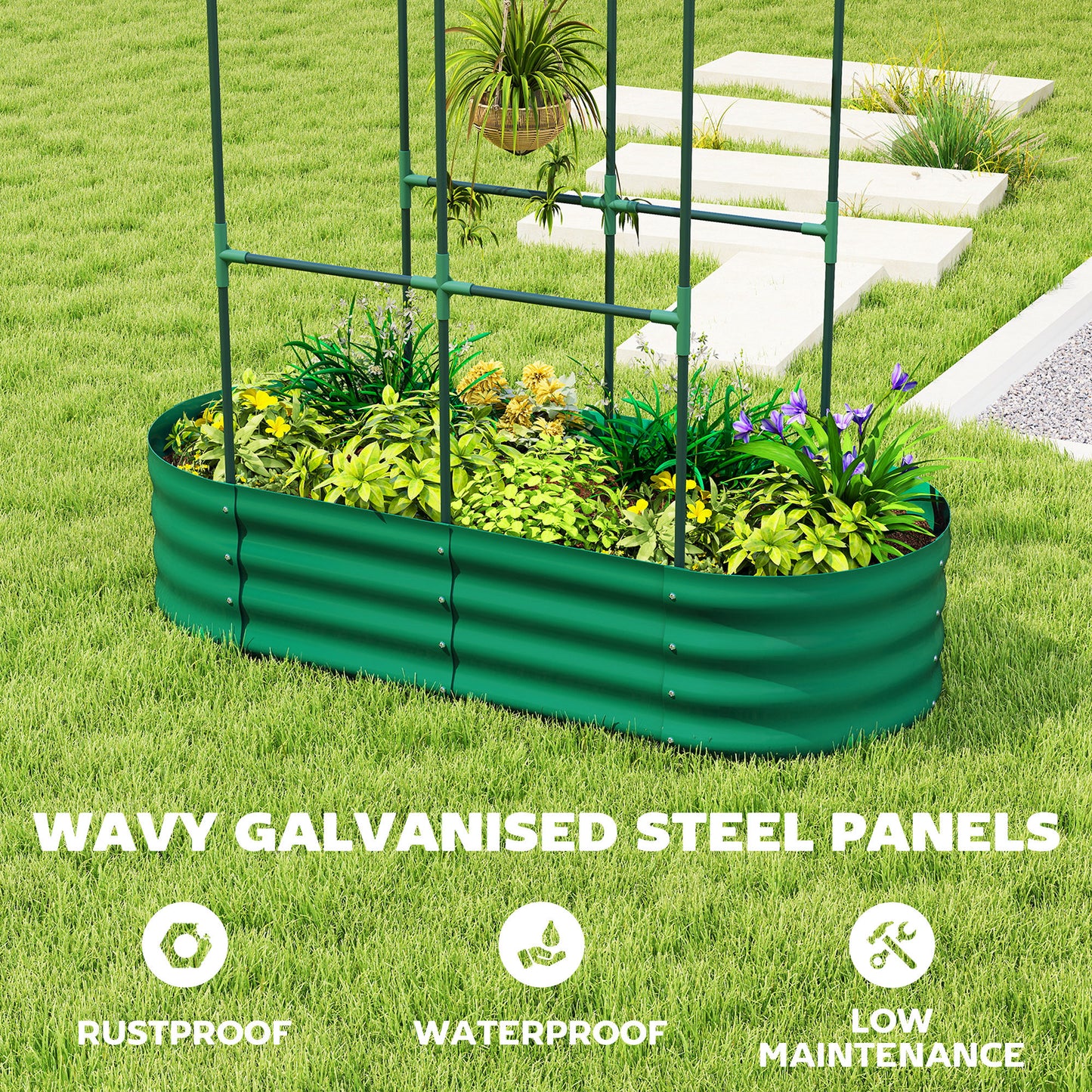 Galvanised Raised Garden Bed with Arched Trellis, 4 x 2 x 4.6ft Metal Raised Bed for Garden with Open Bottom, Green