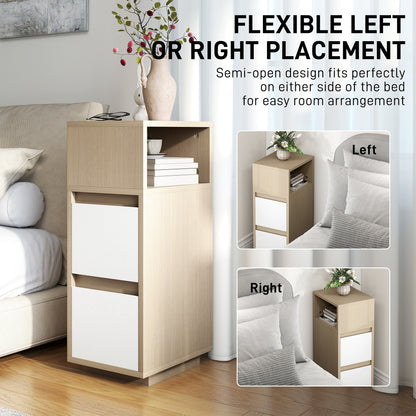 Slim Bedside Table, Narrow Bedside Cabinet with Open Shelf and 2 Drawers for Bedroom, Living Room, Natural Wood Finish