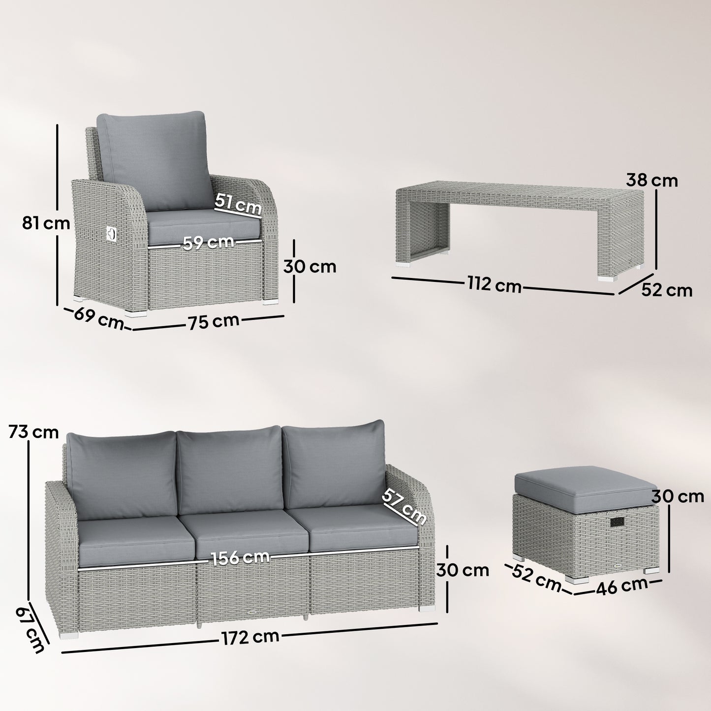 Six-piece Rattan Garden Furniture Set with Reclining Armchairs - Dark Grey