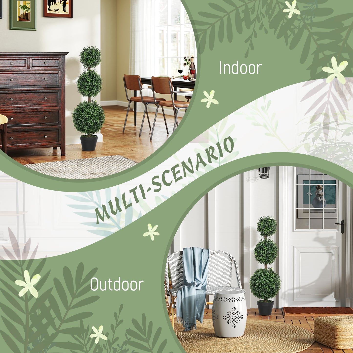 Set of 2 Decorative Artificial Trees, Topiary Ball-shaped Boxwood Trees in Pot, Fake Plants for Home Indoor outdoor Decor