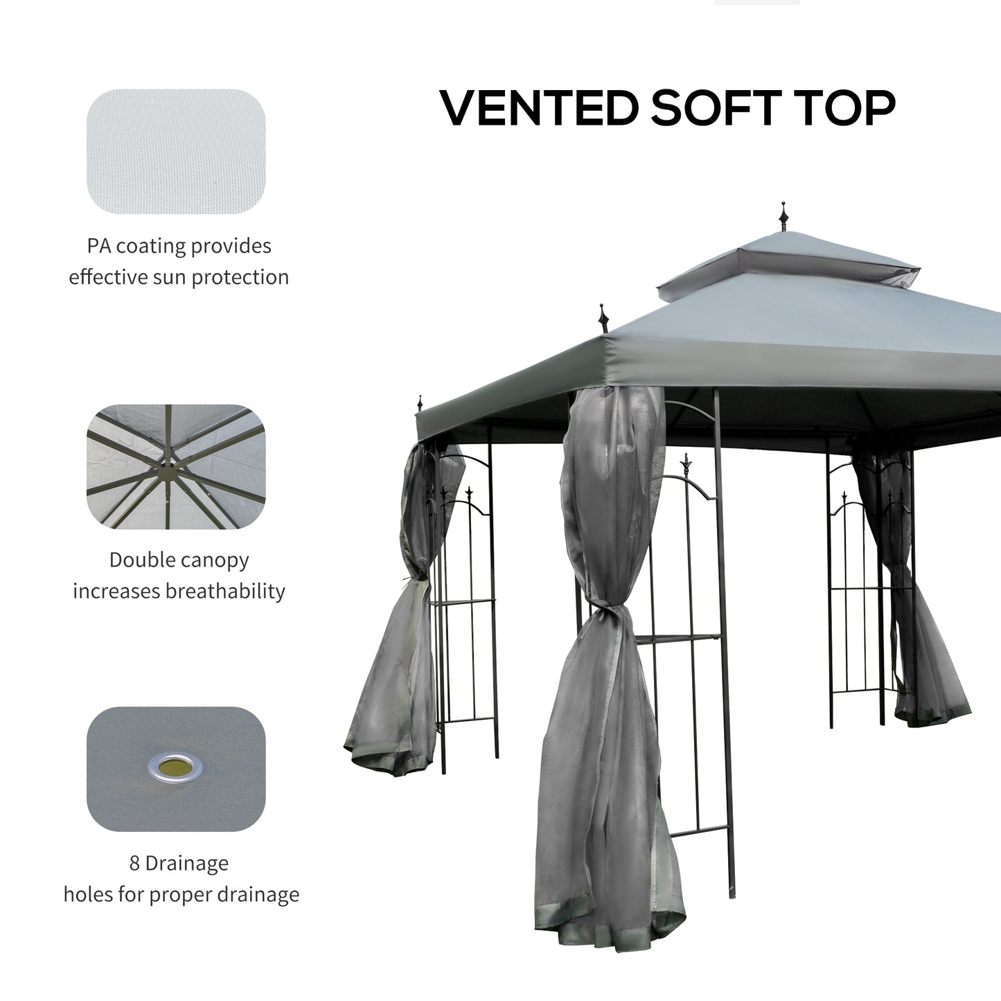 3(M)x3(M) Garden Gazebo Double Top Outdoor Canopy Patio Event Party Wedding Tent Backyard Sun Shade with Netting - Grey