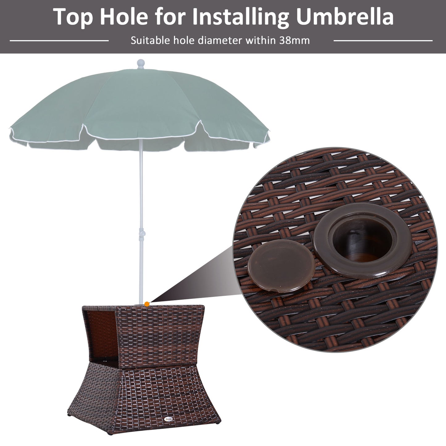 Rattan Outdoor Coffee Table, Wicker Garden Patio Bistro Side Table with Umbrella Hole and Storage Space for Balcony, Porch