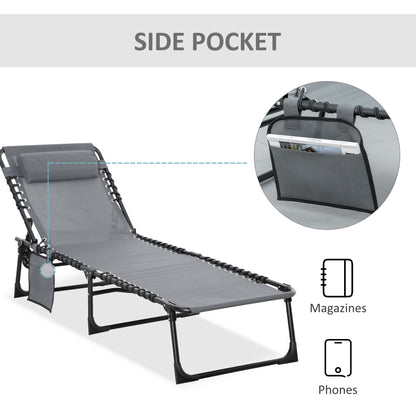 Portable Sun Lounger, Folding Camping Bed Cot, Reclining Lounge Chair 5-position Adjustable Backrest with Side Pocket