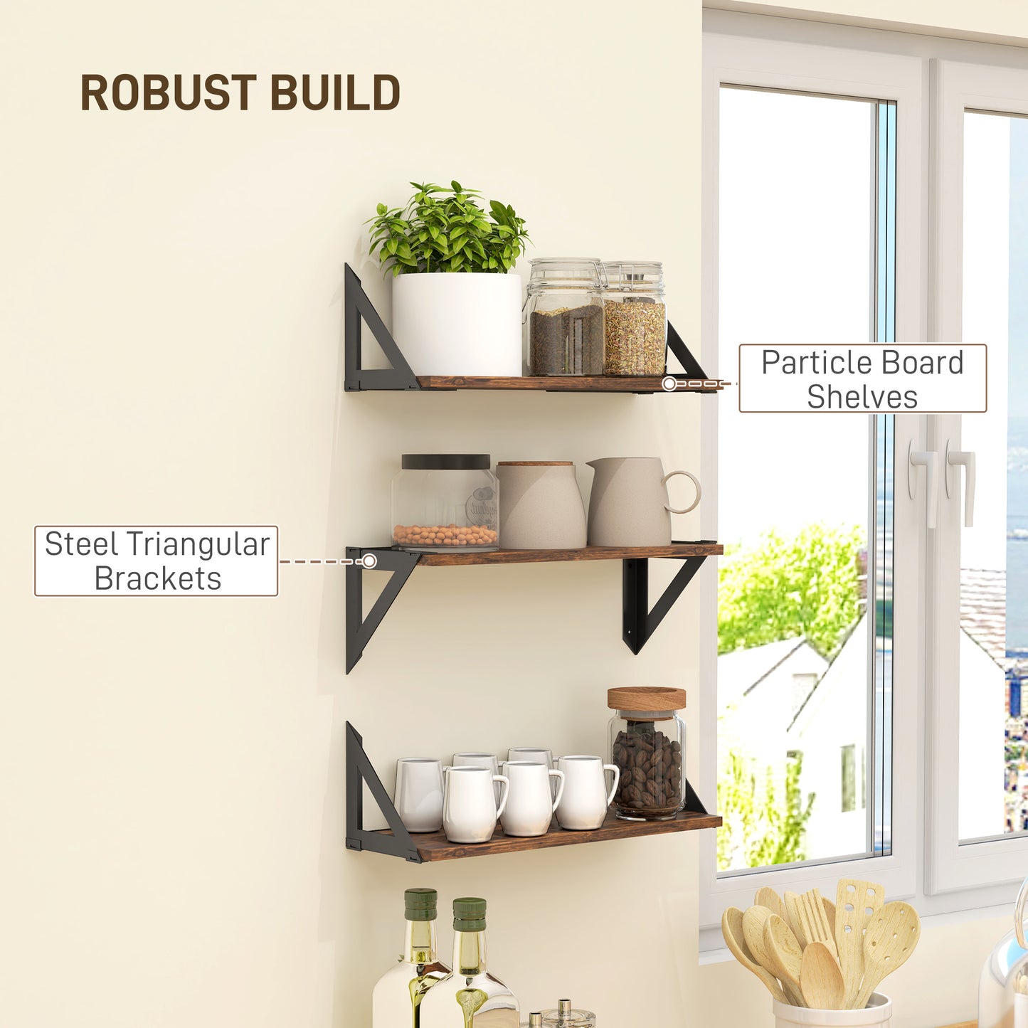 Set of 3 Wall Shelves, 43cm Vintage Wall Mounted Floating Shelves for Living Room, Entryway, Bedroom, Rustic Brown