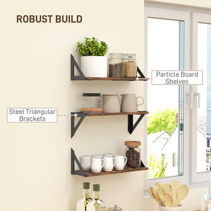 Set of 3 Wall Shelves, 43cm Vintage Wall Mounted Floating Shelves for Living Room, Entryway, Bedroom, Rustic Brown