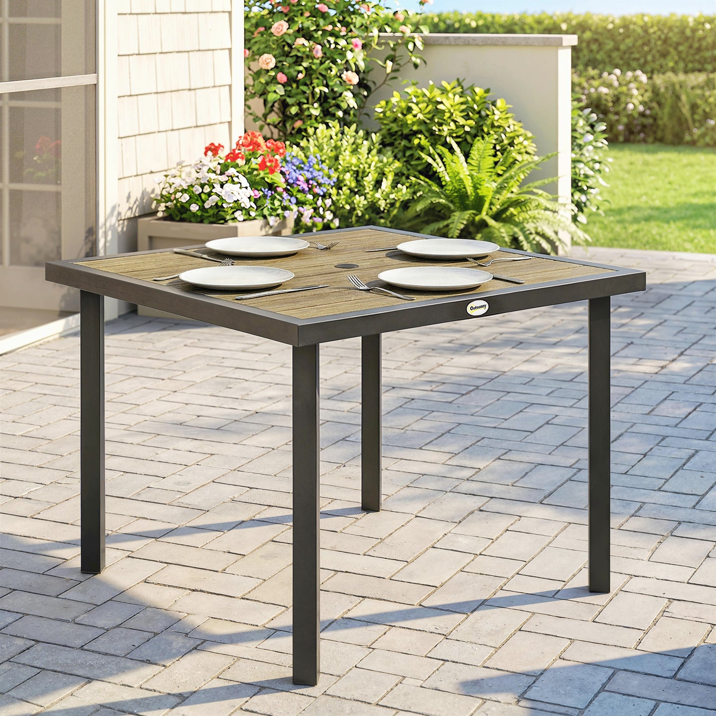 Square Garden Dining Table with 5.4cm Parasol Hole, Slatted Top, Metal Frame, 86 x 86 x 71cm, Brown