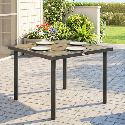 Square Garden Dining Table with 5.4cm Parasol Hole, Slatted Top, Metal Frame, 86 x 86 x 71cm, Brown