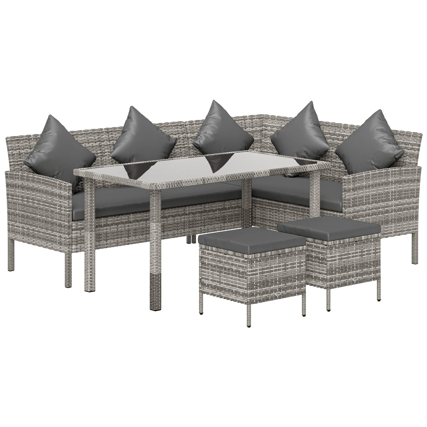 tsunny 6-Seater Rattan Dining Set Sofa Table Footstool Outdoor w/ Cushion Garden Furniture, Dark Grey