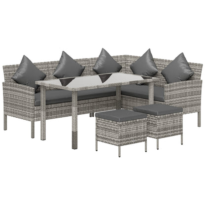 tsunny 6-Seater Rattan Dining Set Sofa Table Footstool Outdoor w/ Cushion Garden Furniture, Dark Grey