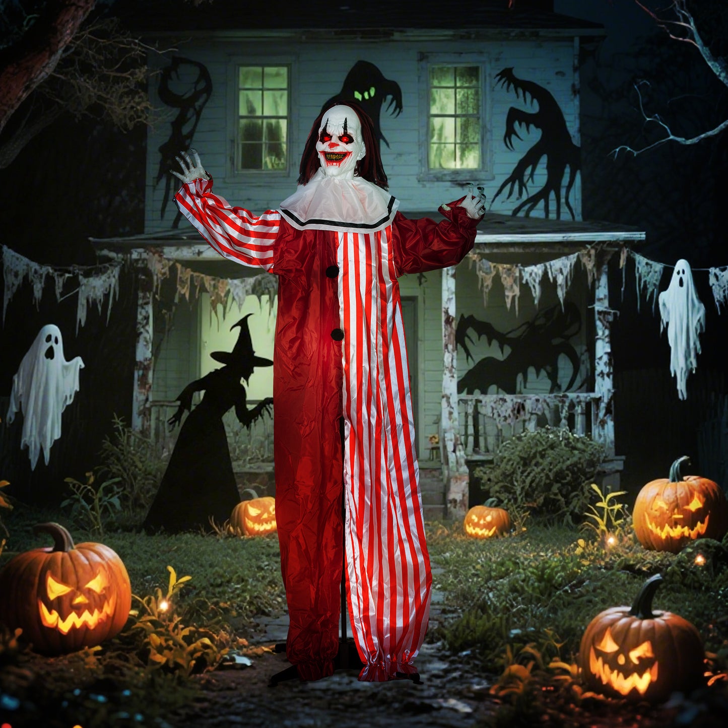 165 cm Life Size Halloween Animated Clown with Red Light Up Eyes, Sound Activated Moving Body