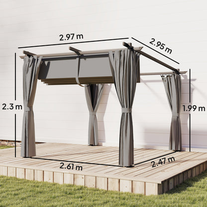3 x 3 m Retractable Roof Pergola, with Curtains - Light Grey