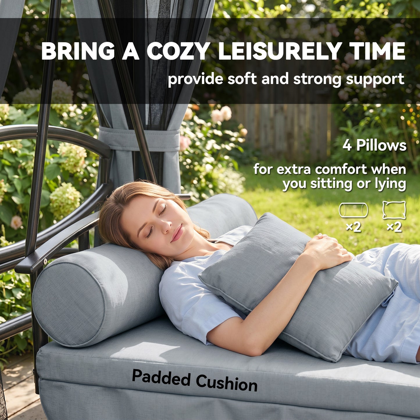 3 Seater Swing Chair 3-in-1 Convertible Garden Swing Seat Bed Gazebo Patio Bench Outdoor with Double Tier Canopy