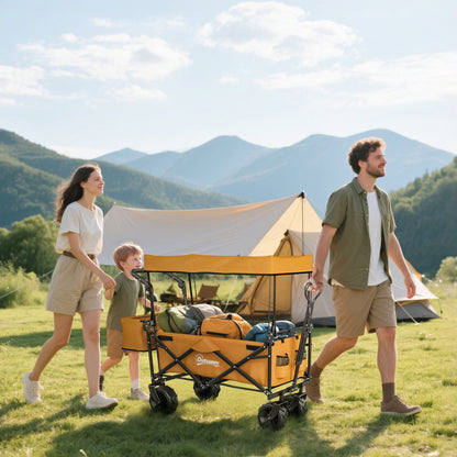 180L Festival Trolley on Wheels, Push & Pull Beach Cart with Removable Canopy, Wide All-Terrain Wheels