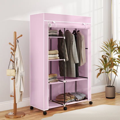 Fabric Wardrobe w/ Shelves Hanging Rail Foldable Wardrobe Pink