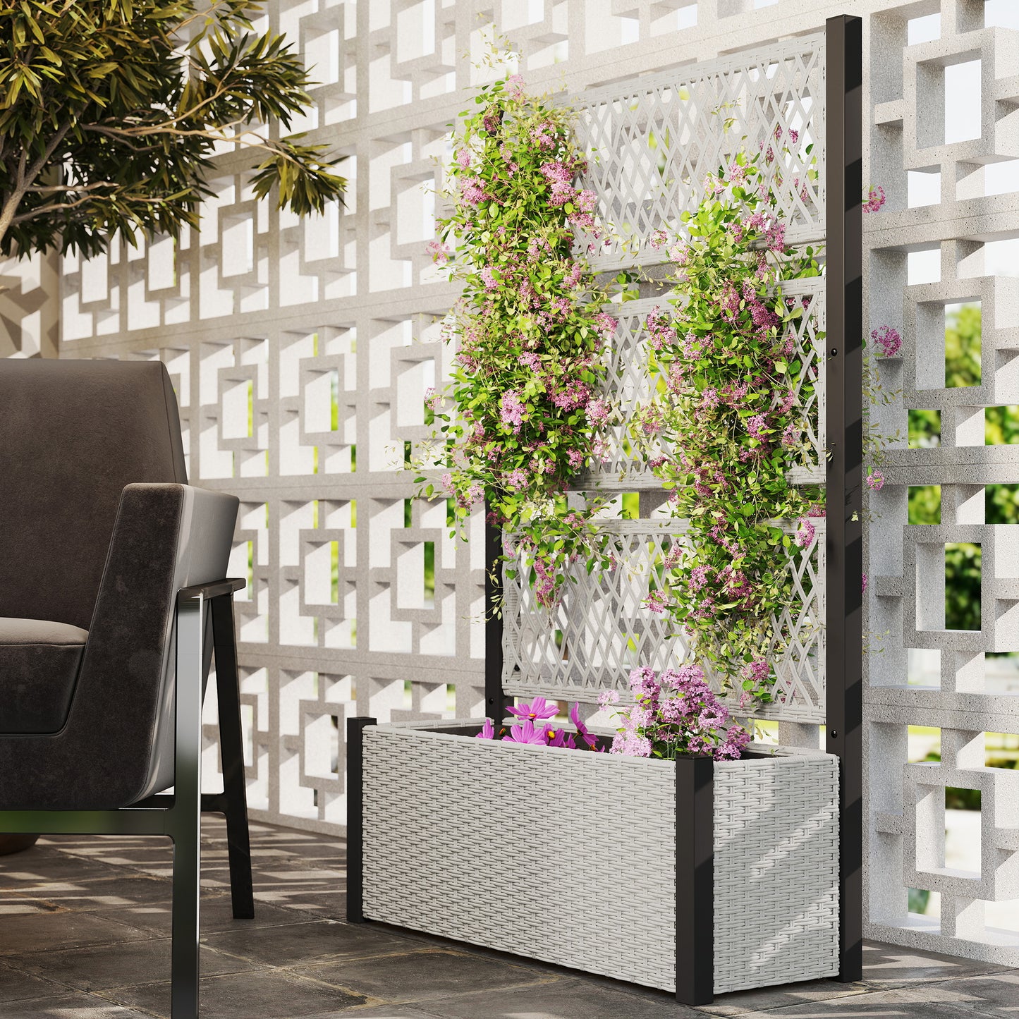 Garden Planter Box with Trellis, Liner for Climbing Plants, Vegetables, Flowers, Mixed-grey