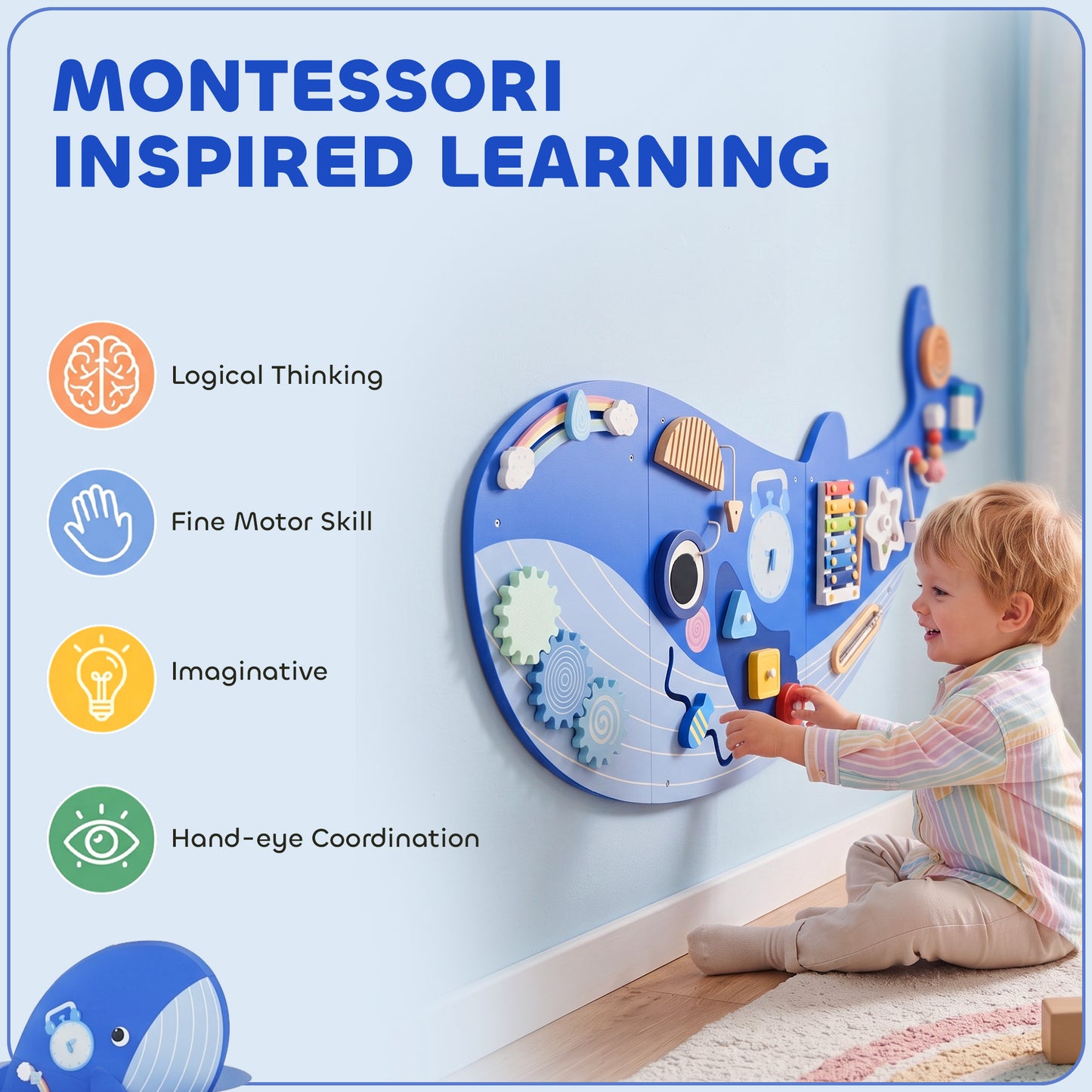 Whale Activity Wall Busy Board, 13 in 1 Montessori Inspired Sensory Wall Panel for Playroom Nursery Boys Girls 2+, Blue
