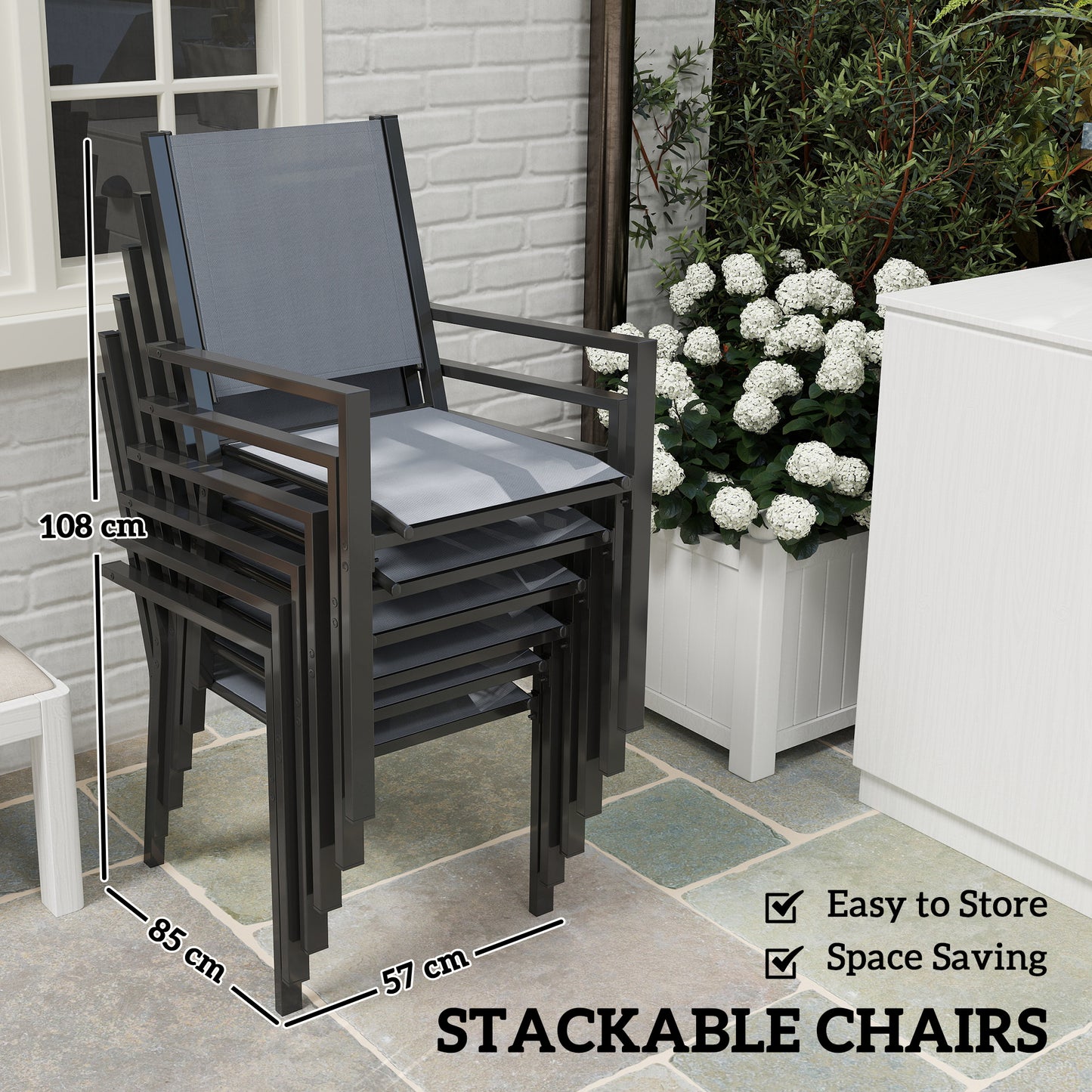 7 Piece Garden Dining Set, Outdoor Furniture Set with 6 Stackable Chairs and 150 cm Rectangle Table, WPC Slatted Top