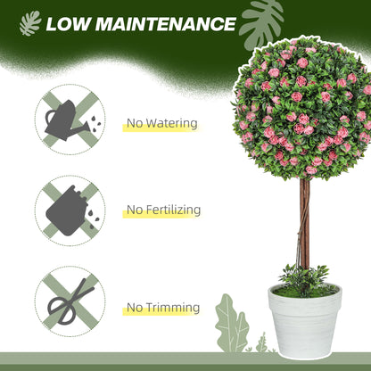 Set of 2 Decorative Artificial Plants, Ball Topiary Tree with Rose Flower in Pot, Fake Plants for Home Indoor Outdoor Decor