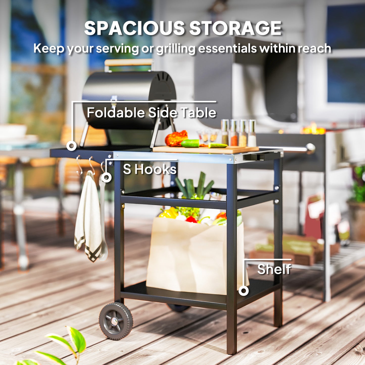BBQ Trolley with Stainless Steel Top and Foldable Side Table, Outdoor Kitchen Barbecue Station with Hooks and Shelf