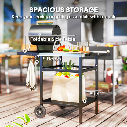 BBQ Trolley with Stainless Steel Top and Foldable Side Table, Outdoor Kitchen Barbecue Station with Hooks and Shelf
