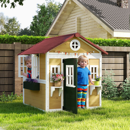 Wooden Playhouse with Doors, Windows, Plant Pots, Boxes, for 3-8 Years - Beige