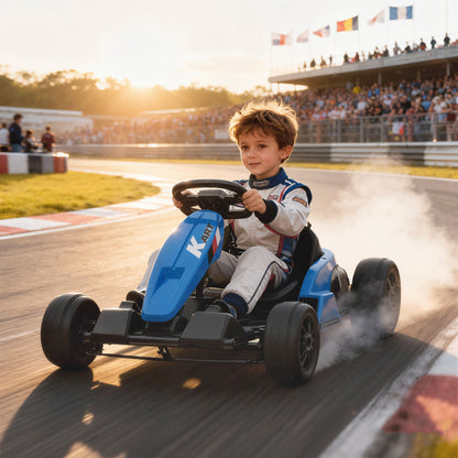 24V Electric Go Kart, Drift Kart with Adjustable Seat, Slow Start, 5-Point Harness, Music, for 6-12 Years, Blue