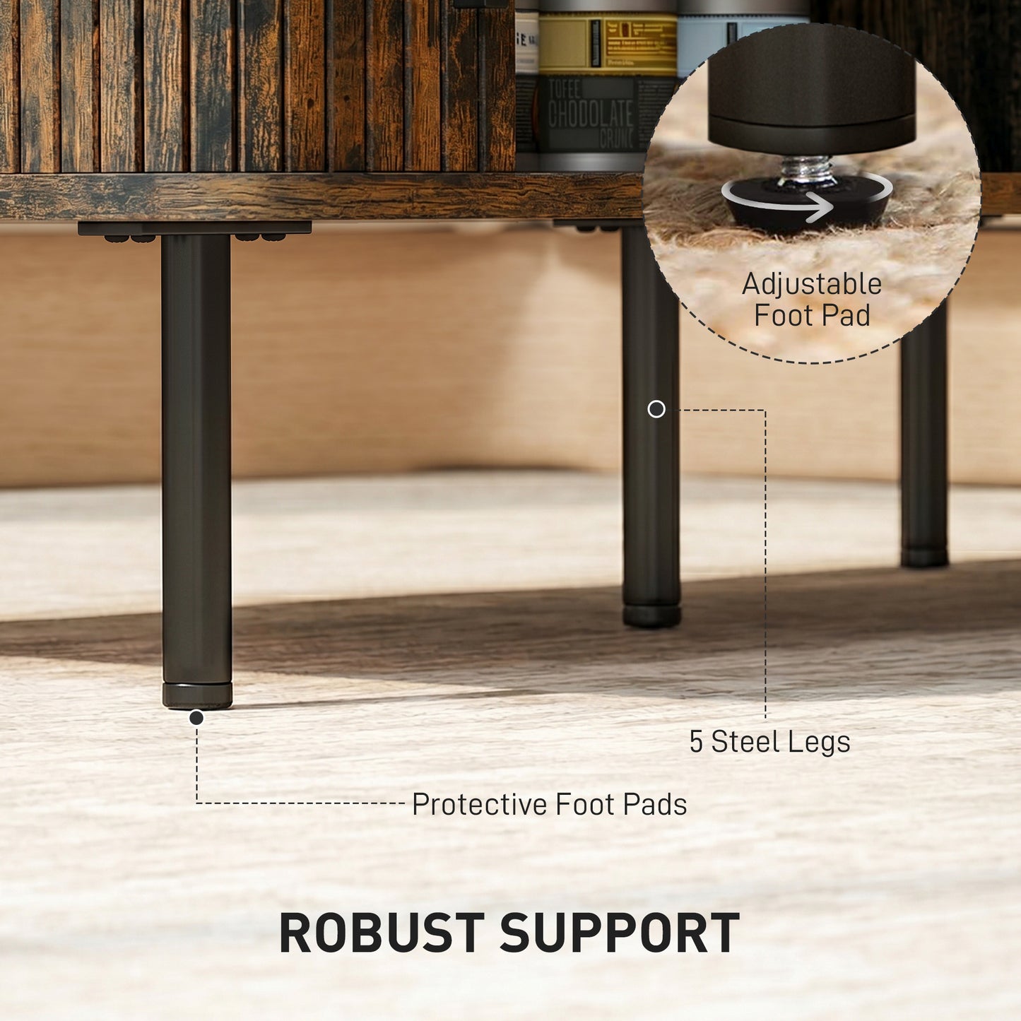 Coffee Table with Storage, Living Room Table with Slatted Tambour Sliding Doors and Adjustable Foot Pads