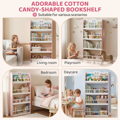 4 Tier Kids Bookshelf, Children Bookcase with Anti-Tip Kit, Toddler Space-Saving Bookcase for Kids Room, Playroom, Pink