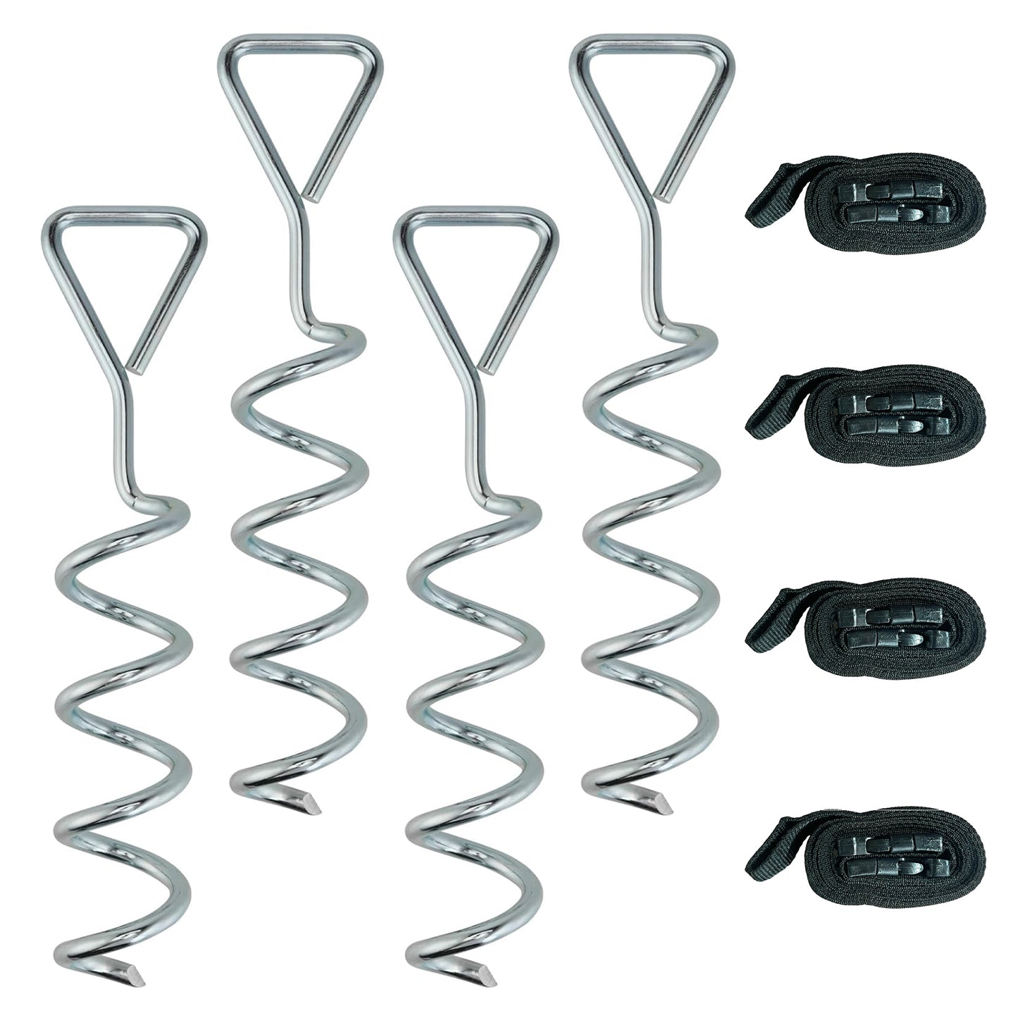 4Pcs Trampoline Anchor Kit, 32 cm Galvanised Trampoline Stakes, Spiral Ground Anchors with Triangle Head, Straps