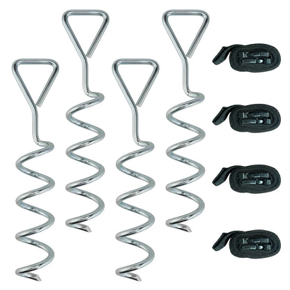 4Pcs Trampoline Anchor Kit, 32 cm Galvanised Trampoline Stakes, Spiral Ground Anchors with Triangle Head, Straps