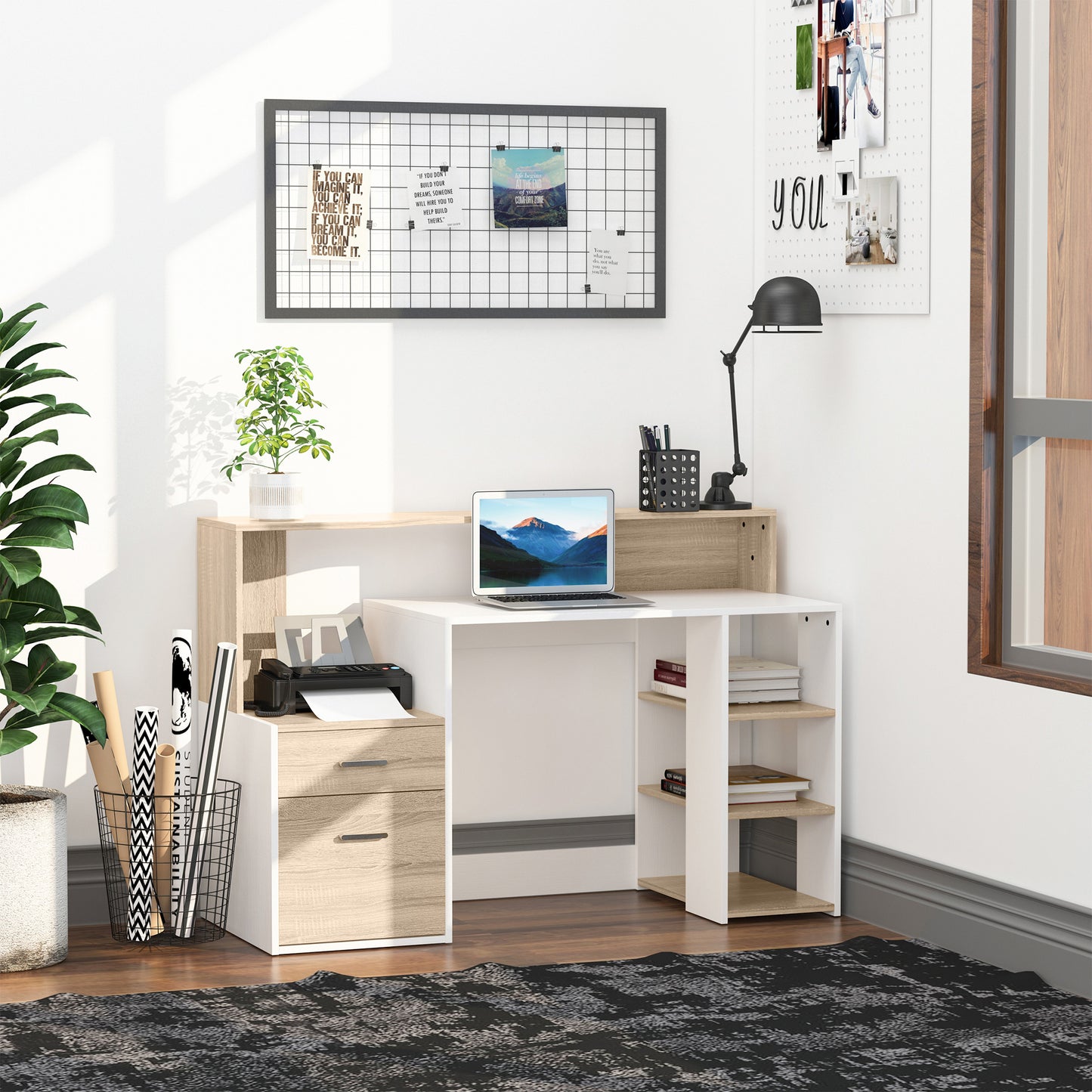 Computer Desk with Drawers and Storage Shelves, Office Desk Writing Table with Printer Stand