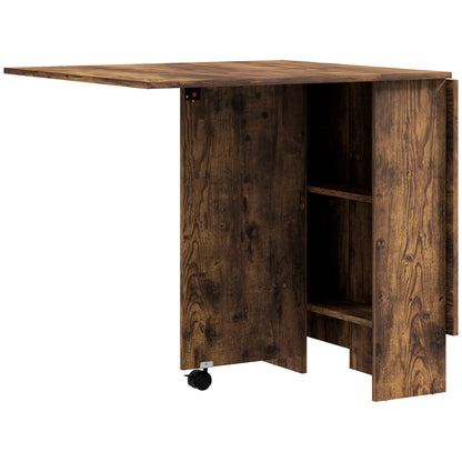 80-140 cm Folding Dining Table for 4-6 People, Drop Leaf Table with 2-Tier Shelves, Rolling Casters, Rustic Brown