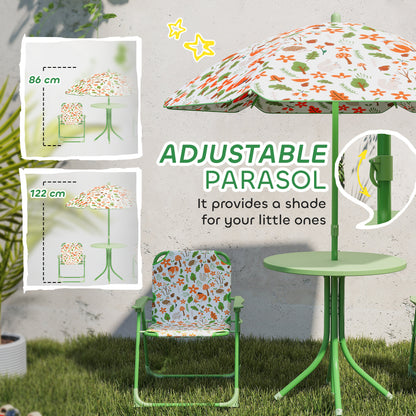 4-Piece Kids Garden Table and Chair Set with Adjustable Parasol, Folding Chairs, Table, Nature Pattern, Green
