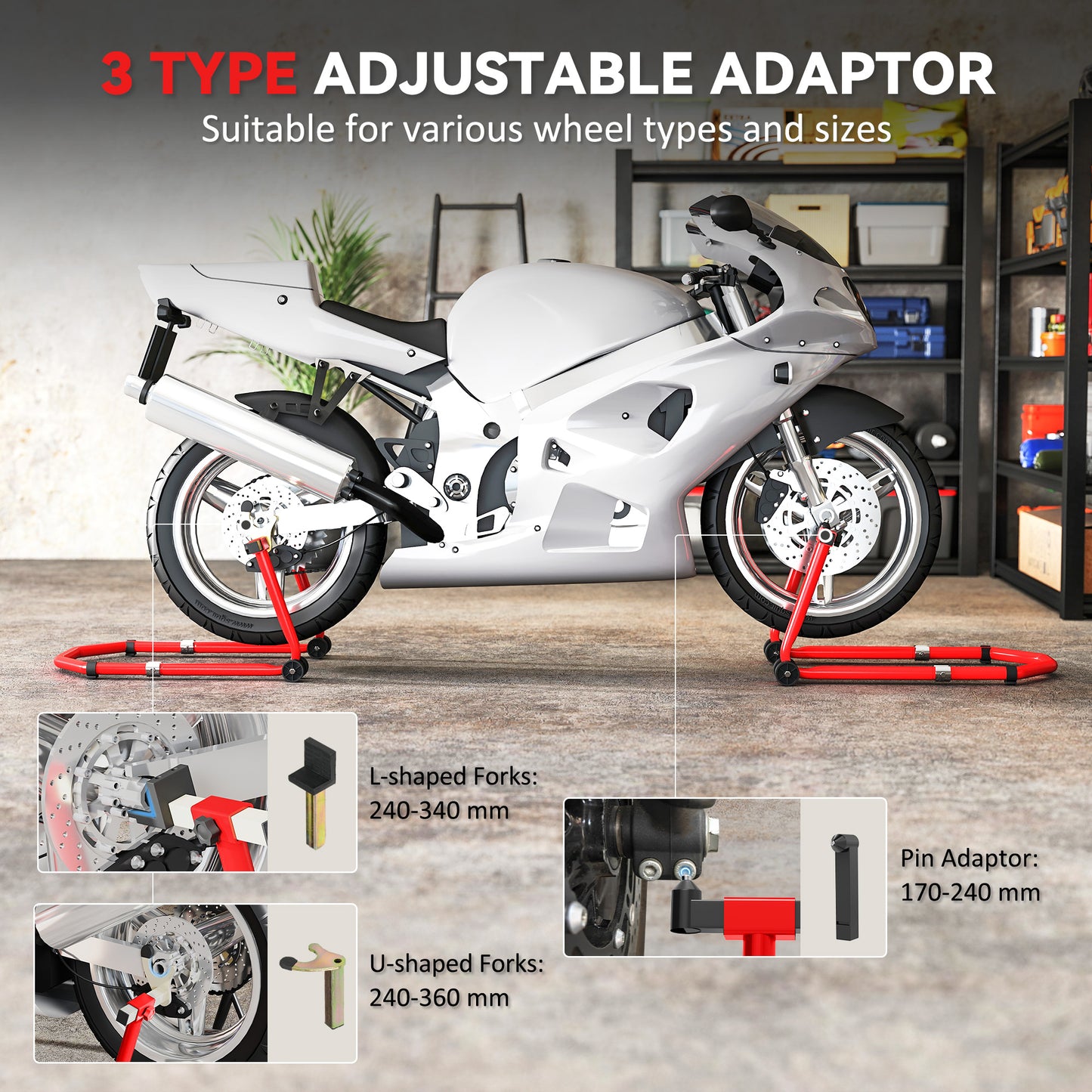 Motorcycle Stand, Front/Rear Paddock Stand, with 390 kg Weight Capacity, Red