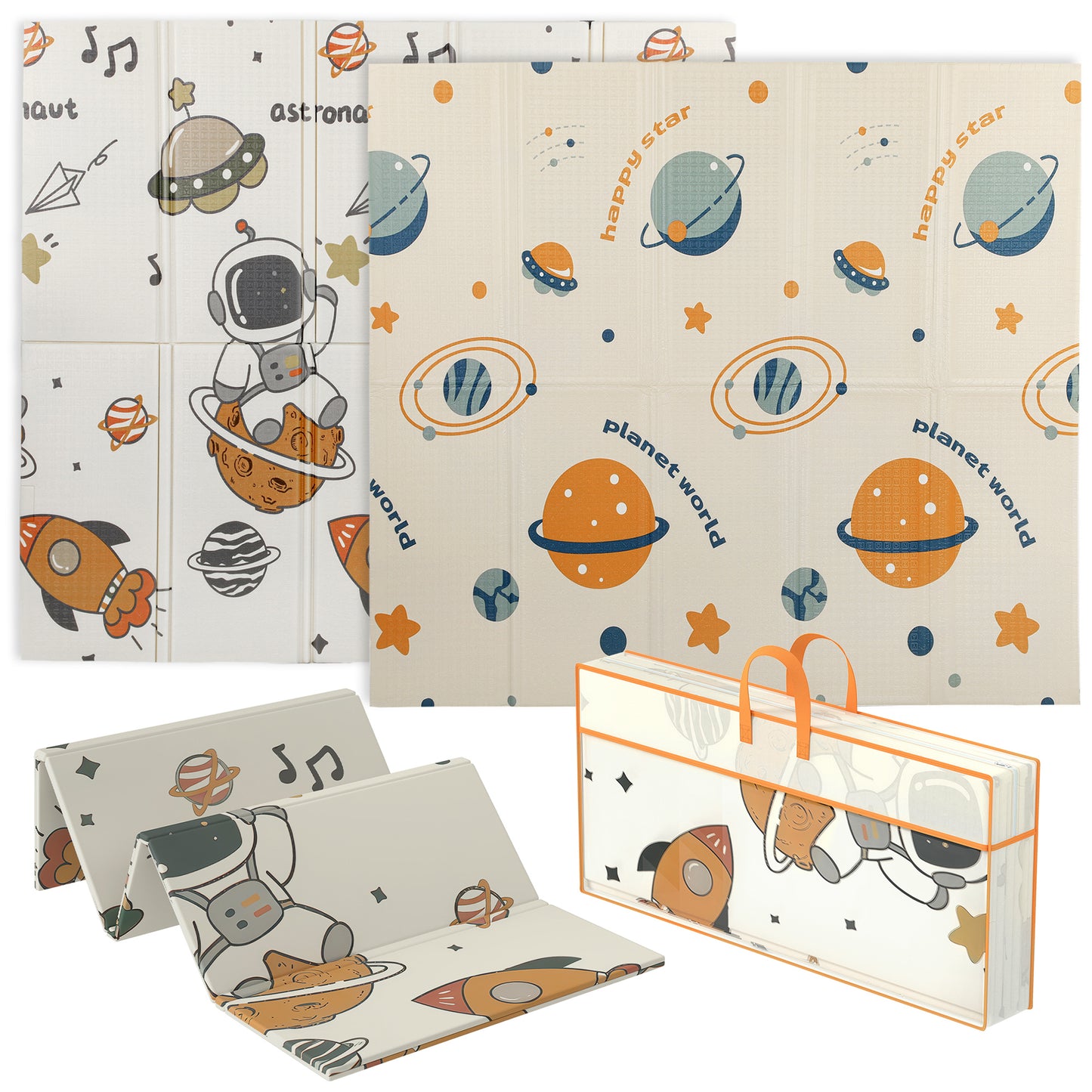 Baby Play Mat, Double Sideded Foldable Kids Crawling Mat, Reversible & Waterproof, Astronaut and Planet