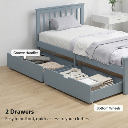 Pine Storage Bed, 3ft Single Solid Wooden Bed Frame with Drawers, Headboard, Wood Slat Support, Grey