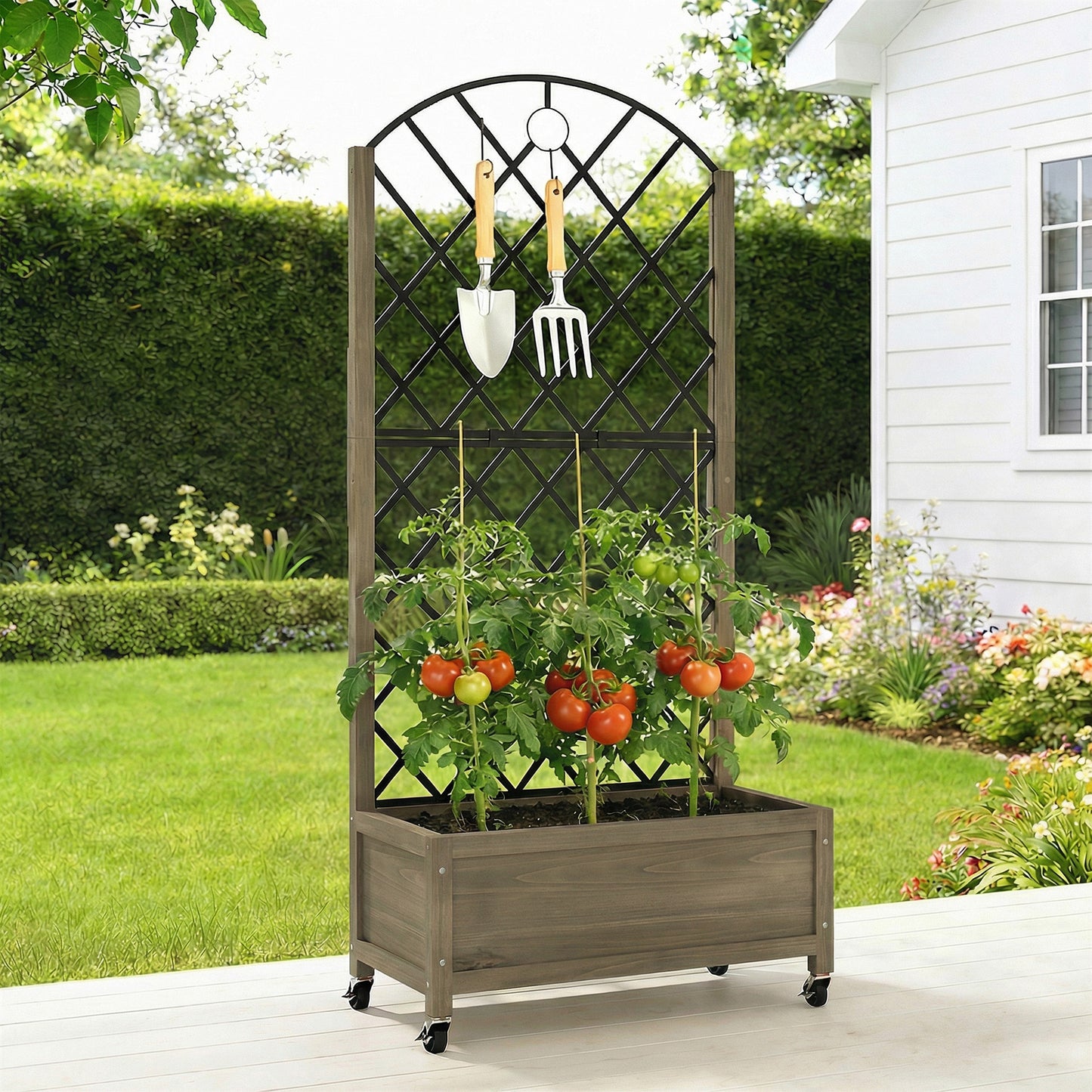 Raised Garden Bed with Metal Trellis, Wooden Elevated Planter Box w/Lockable Wheels, Outdoor Raised Planter, Carbonised