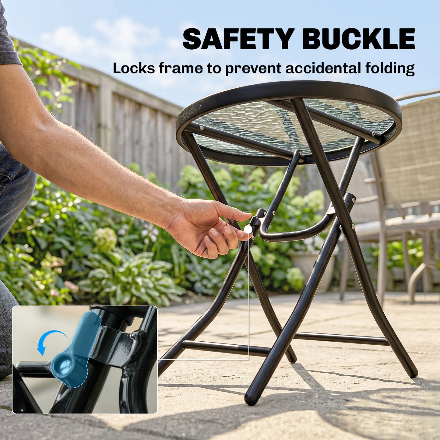 Foldable Garden Side Table, Round Folding Table with Glass Tabletop and Safety Buckle for Patio, Garden, Outdoor, Indoor