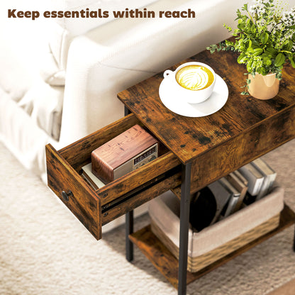Narrow Side Table with Drawer and Storage Shelf - Rustic Brown