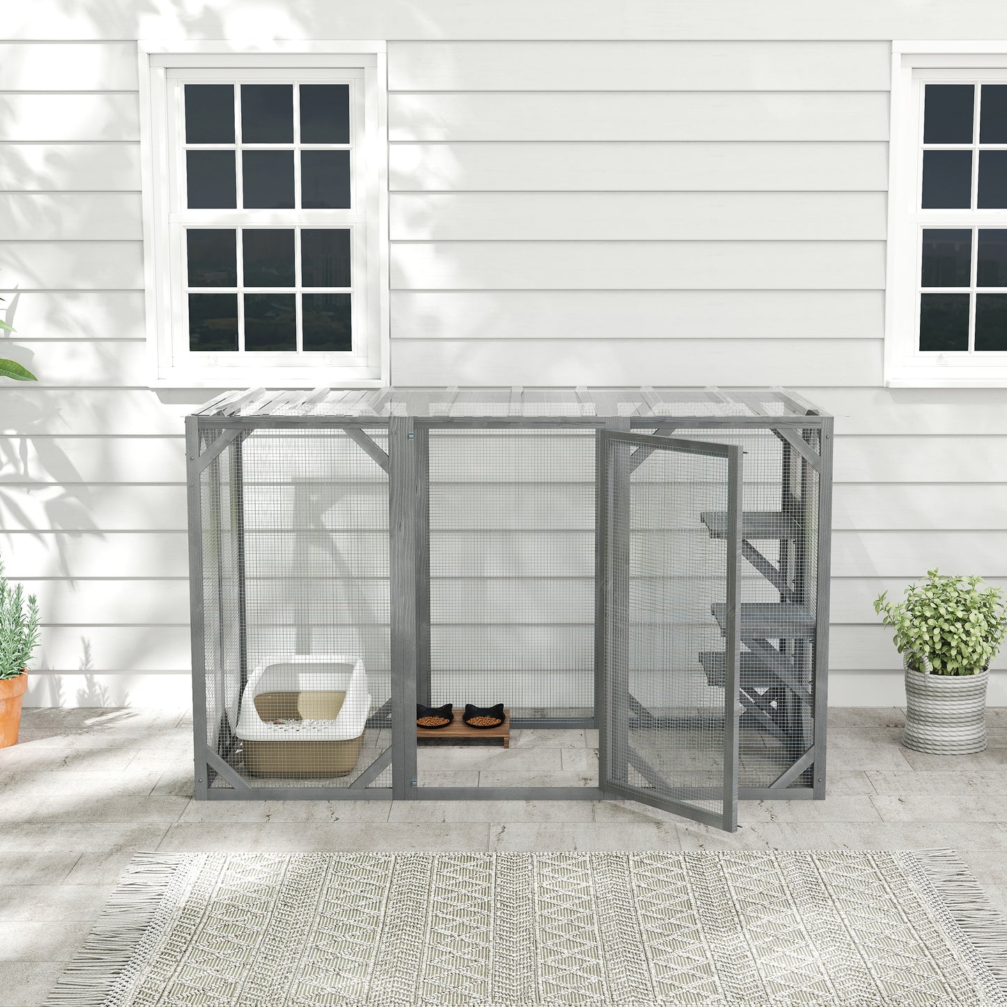 71" Outdoor Wooden Cat House with Three Platforms, Large Door, Water-Resistant Roof, for Multiple Cats, Grey